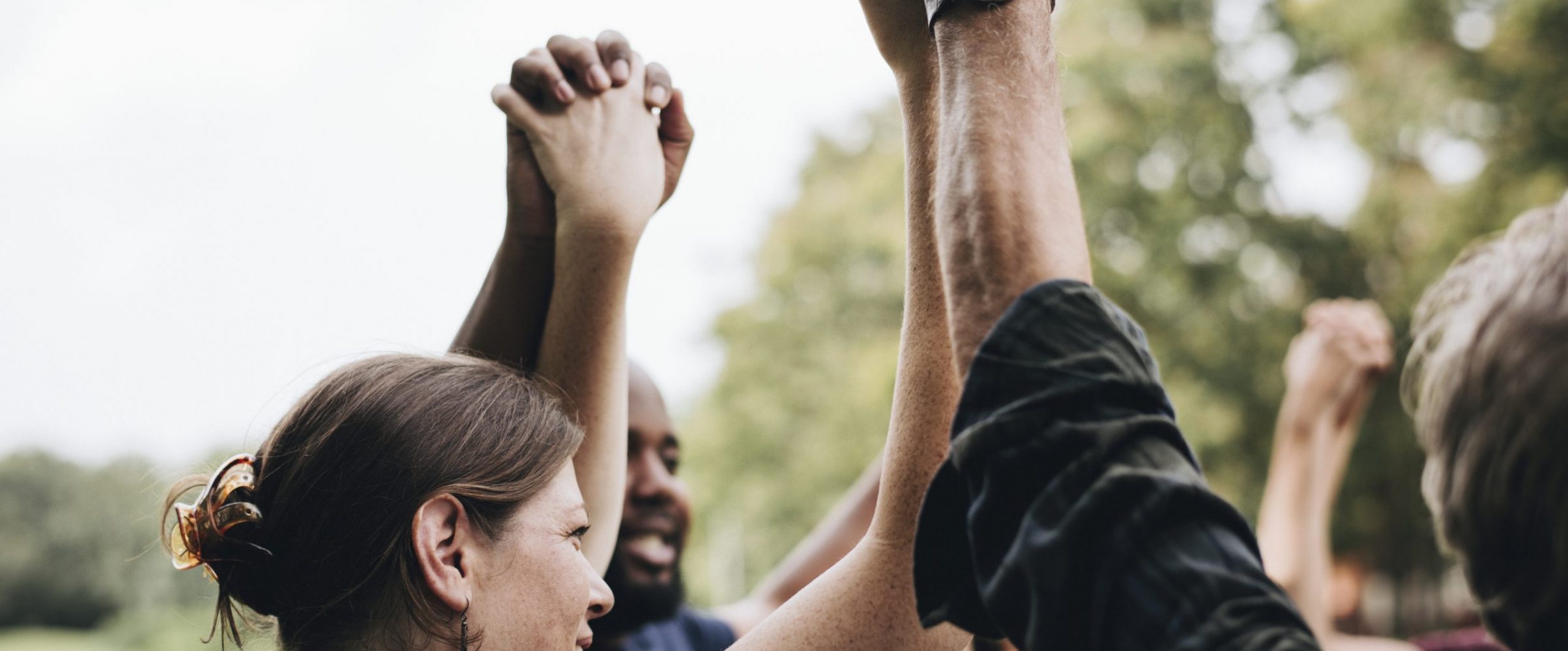 Happy diverse people holding hands in the park